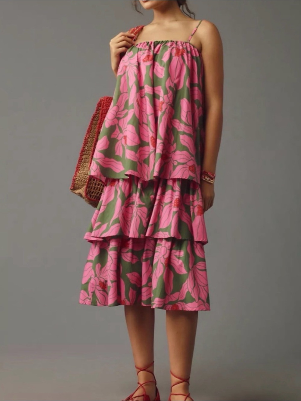 Corey Lynn Calter Pink & Olive Floral Tiered Midi Dress